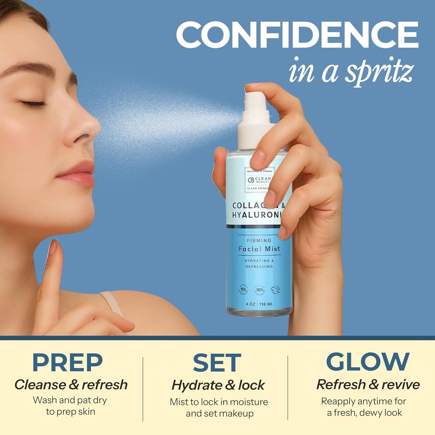 Clear Beauty Hyaluronic Acid & Collagen Face Mist – Hydrating, Anti-Aging & Toning Spray – Natural, Cruelty-Free, Dermatologist Tested, 4 fl oz