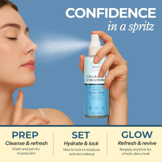 Clear Beauty Hyaluronic Acid & Collagen Face Mist – Hydrating, Anti-Aging & Toning Spray – Natural, Cruelty-Free, Dermatologist Tested, 4 fl oz