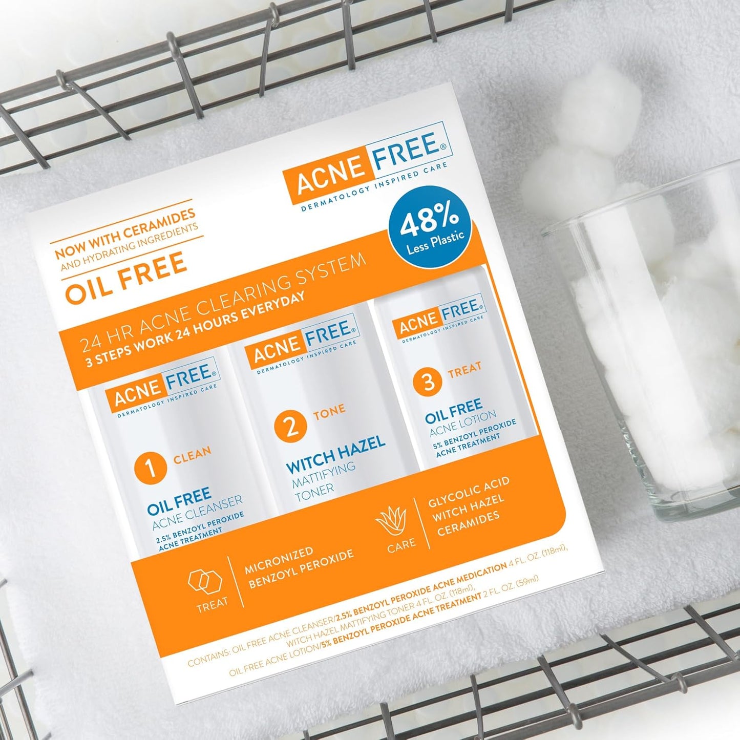 AcneFree 3 Step 24 Hour Acne Treatment Kit – Oil-Free Cleanser, Witch Hazel Toner & Acne Lotion with Benzoyl Peroxide – Dermatologist Recommended Acne Solution, 60 Day Supply