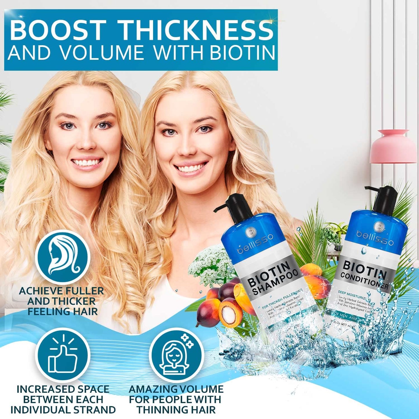 Bellisso Biotin Shampoo & Conditioner Set – Sulfate-Free, Paraben-Free, Keratin-Infused Hair Thickening & Volumizing Treatment for Men & Women (2-Pack)