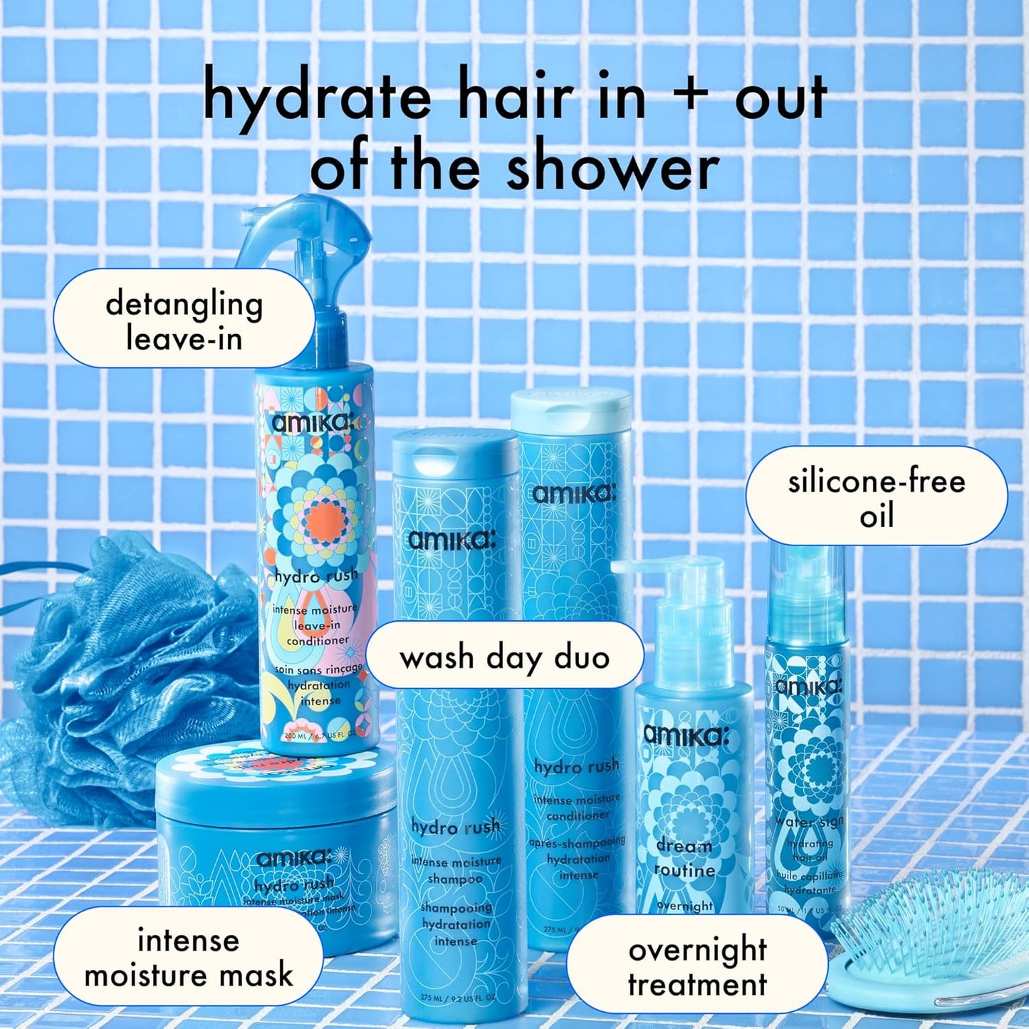 Amika Hydro Rush Intense Moisture Mask with Hyaluronic Acid & Squalane – Deep Hydration for Dry Hair – 10.56 oz