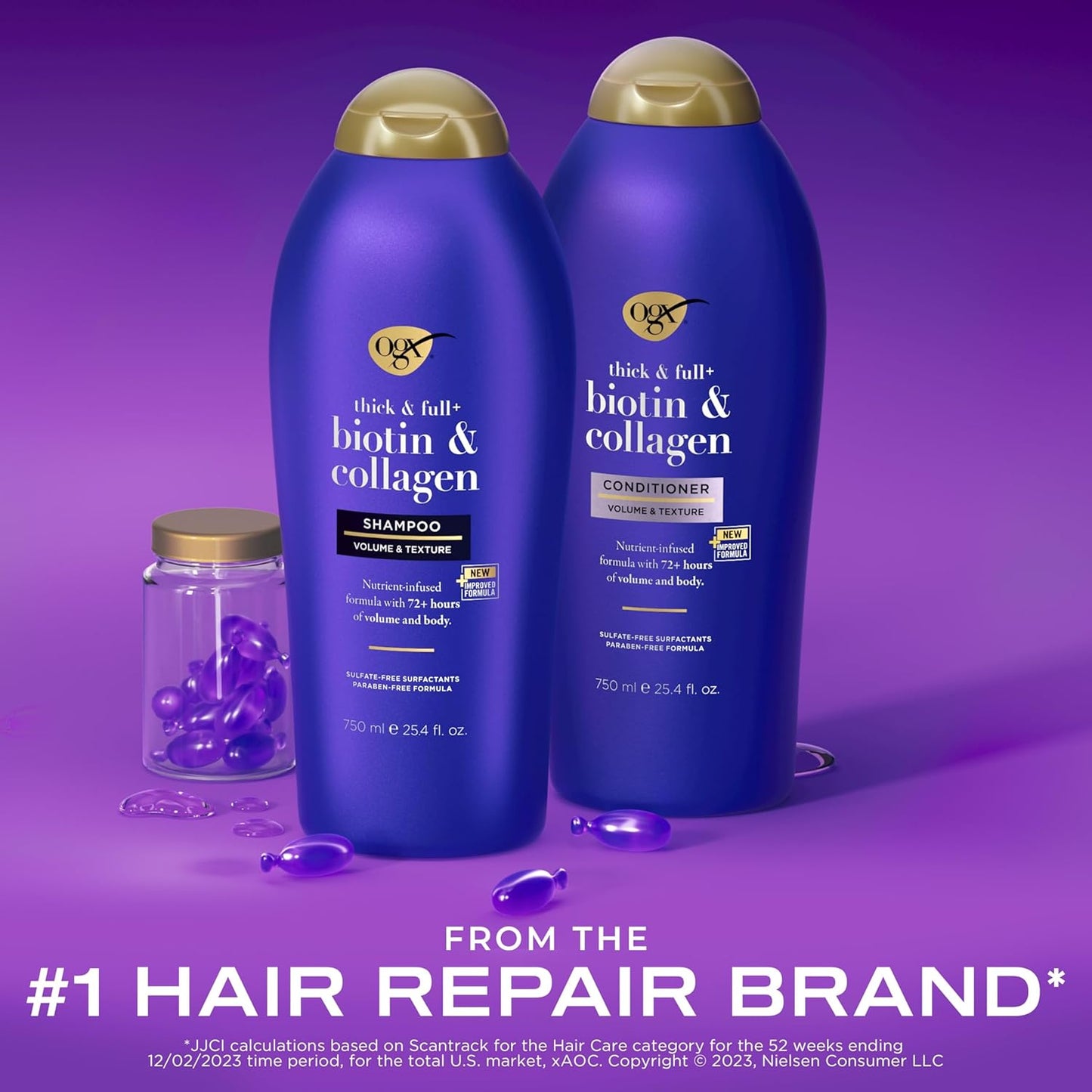 OGX Biotin & Collagen Shampoo & Conditioner Set | Volumizing, Thickening & Sulfate-Free Hair Care for Fuller, Stronger Locks (25.4 Fl Oz, 2-Pack)