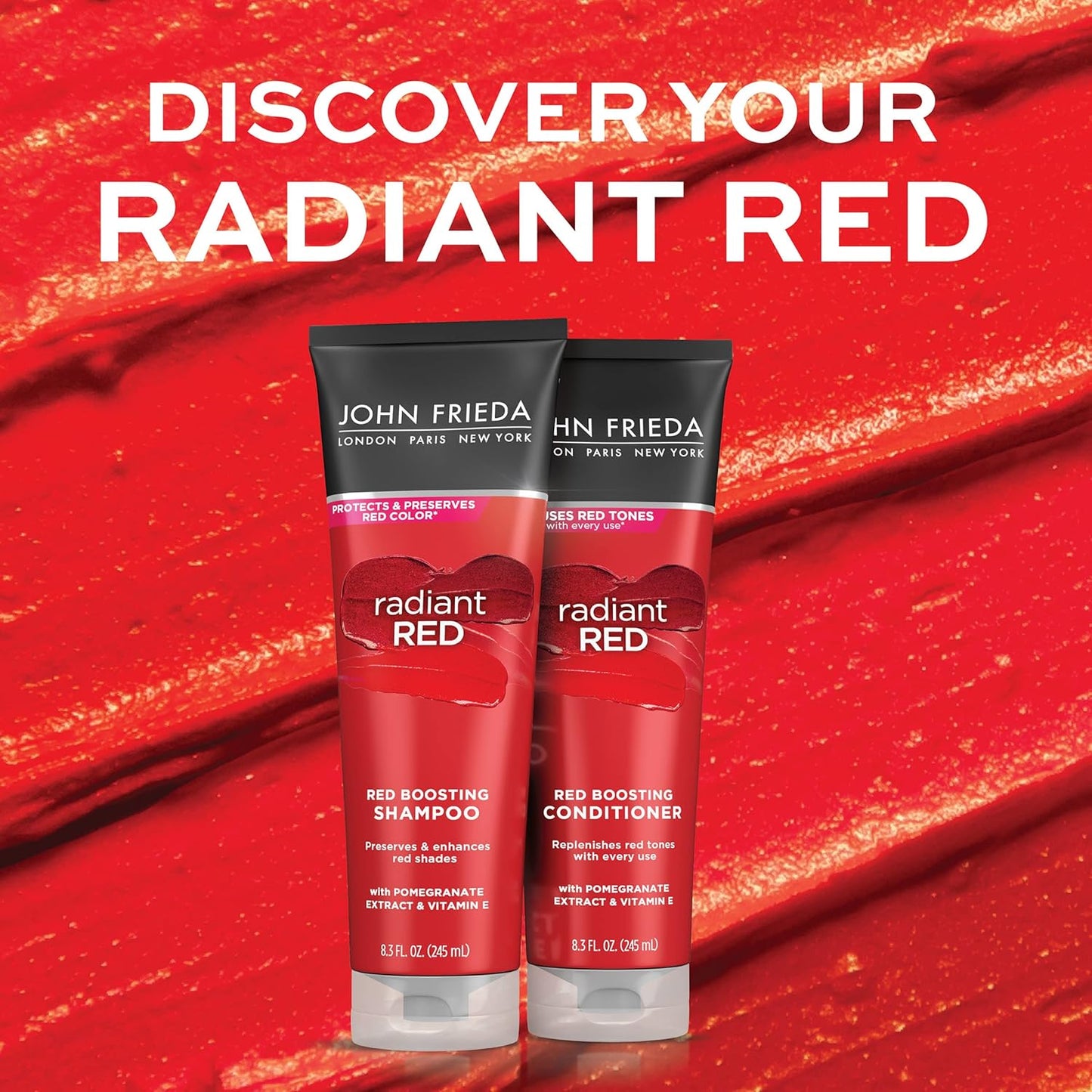 John Frieda Radiant Red Shampoo & Conditioner Set | Boost Vibrancy & Shine for All Red Hair Shades with Pomegranate & Vitamin E (2-Pack)