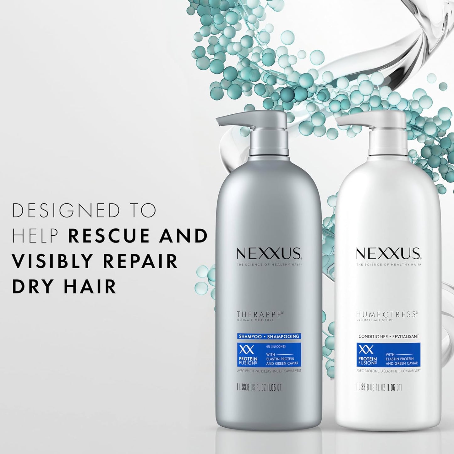 Nexxus Therappe & Humectress Shampoo & Conditioner Set – Moisturizing Hair Care with Caviar Complex & Elastin Protein – Silicone-Free for Dry, Damaged Hair (33.8 oz, 2 Pack)