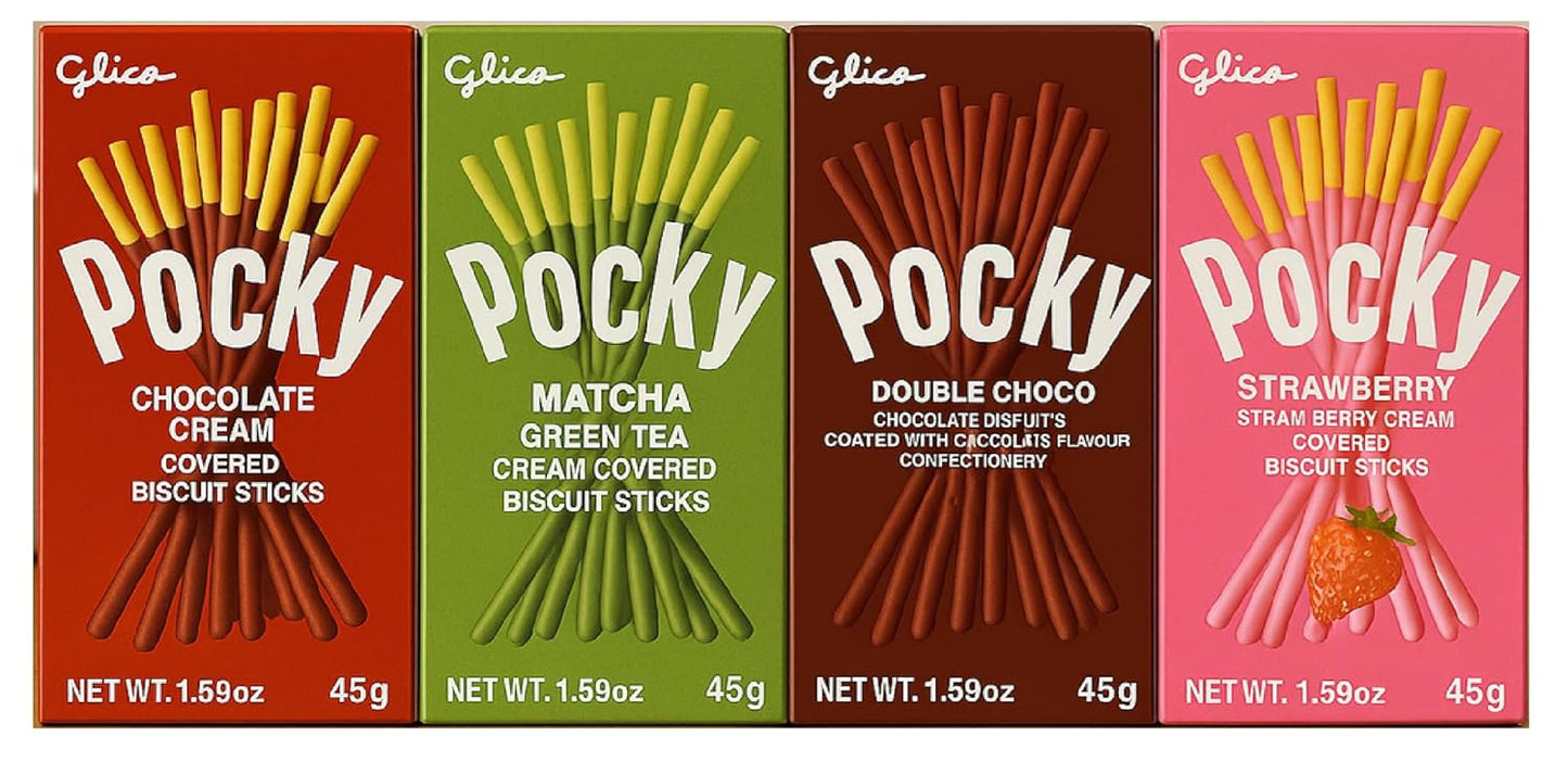 Pocky Biscuit Sticks Variety Pack – 4 Flavours: Strawberry, Chocolate, Matcha, Double Chocolate (Imported, 45g Each)