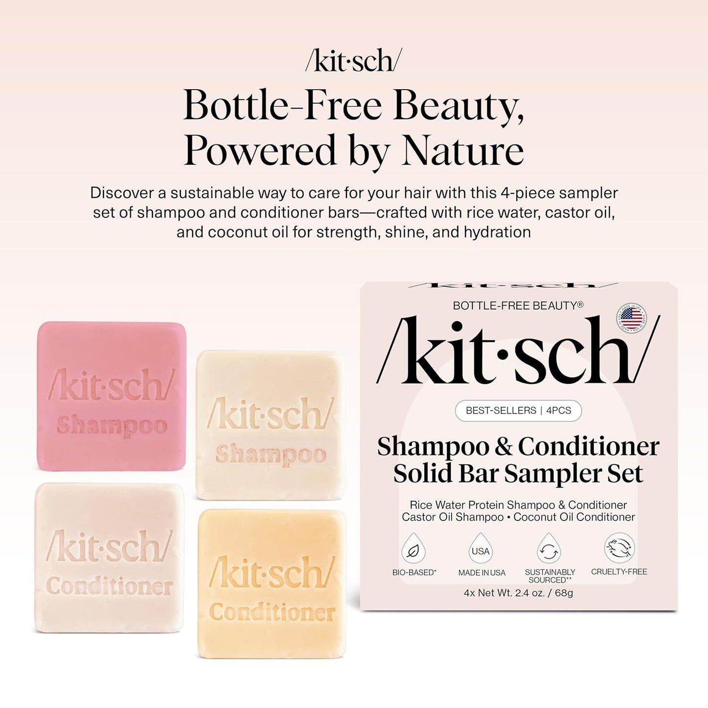 Kitsch Shampoo & Conditioner Bar Set | 4pc Sampler with Rice Water, Castor Oil & Coconut Oil | Bottle-Free, Eco-Friendly Hair Growth, Repair & Moisture