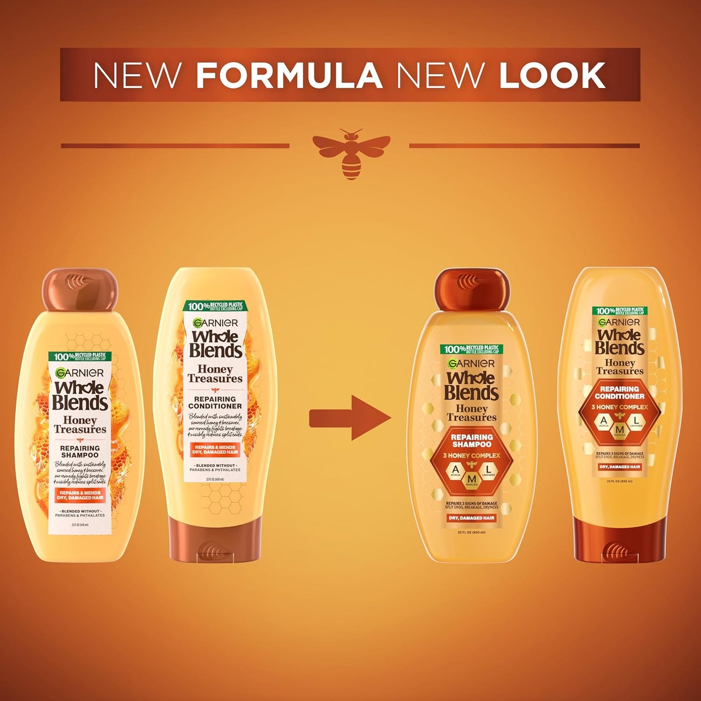 Garnier Whole Blends Honey Treasures Shampoo & Conditioner Set – Repairing Formula with Honey, Propolis & Royal Jelly for Dry, Damaged Hair, 22 fl oz x 2