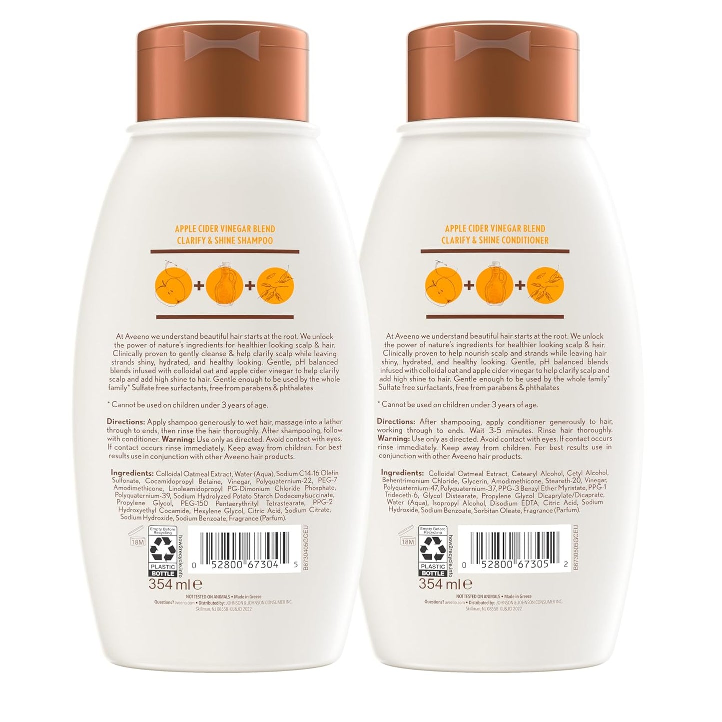 Aveeno Apple Cider Vinegar Shampoo & Conditioner Set | Clarifying, Nourishing & Shine Boost for Oily or Dull Hair | Paraben & Dye-Free (12 fl oz, 2-Pack)