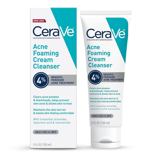 CeraVe Acne Foaming Cream Cleanser with 4% Benzoyl Peroxide & Hyaluronic Acid – Gentle Daily Acne Face Wash for Clear, Hydrated Skin