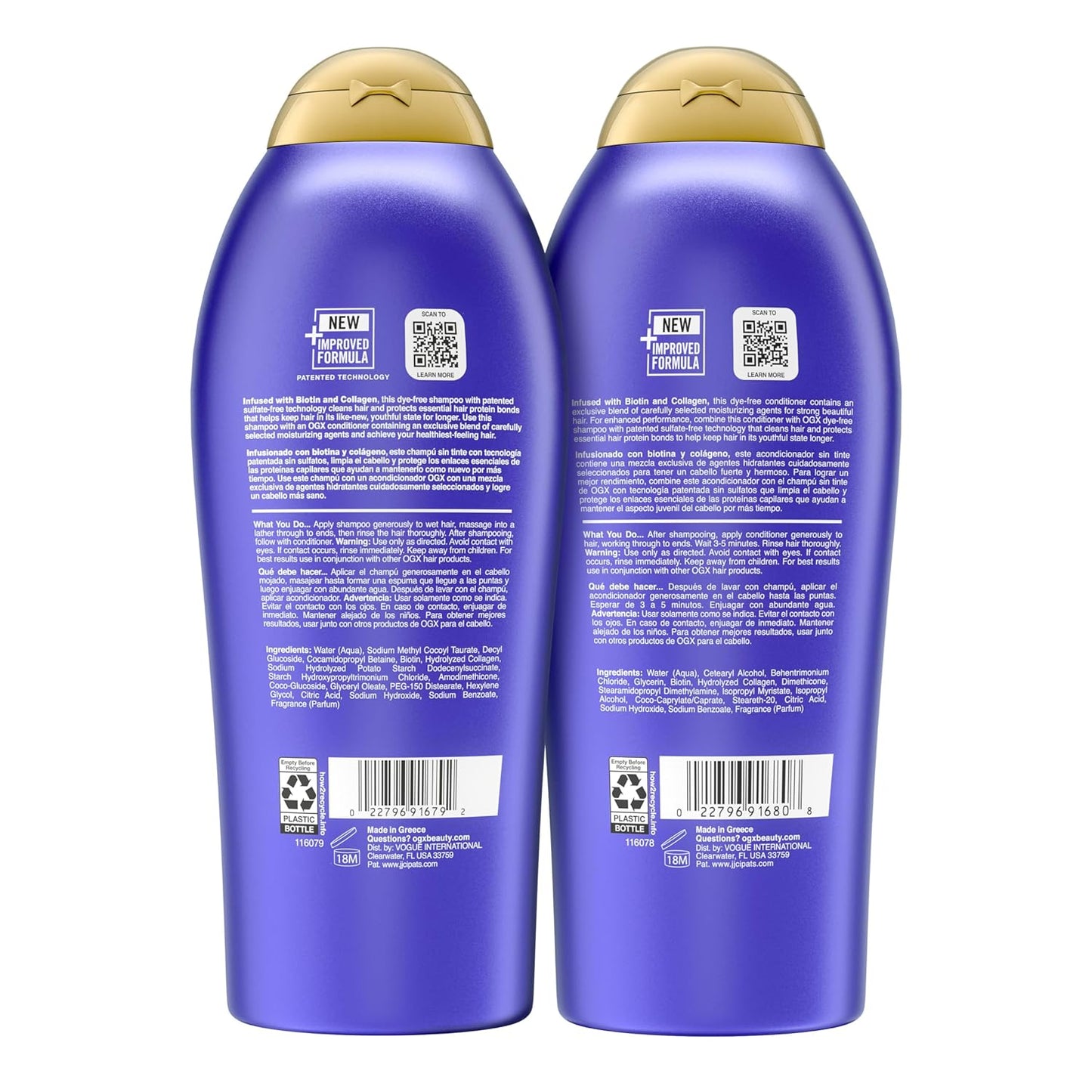 OGX Biotin & Collagen Shampoo & Conditioner Set | Volumizing, Thickening & Sulfate-Free Hair Care for Fuller, Stronger Locks (25.4 Fl Oz, 2-Pack)