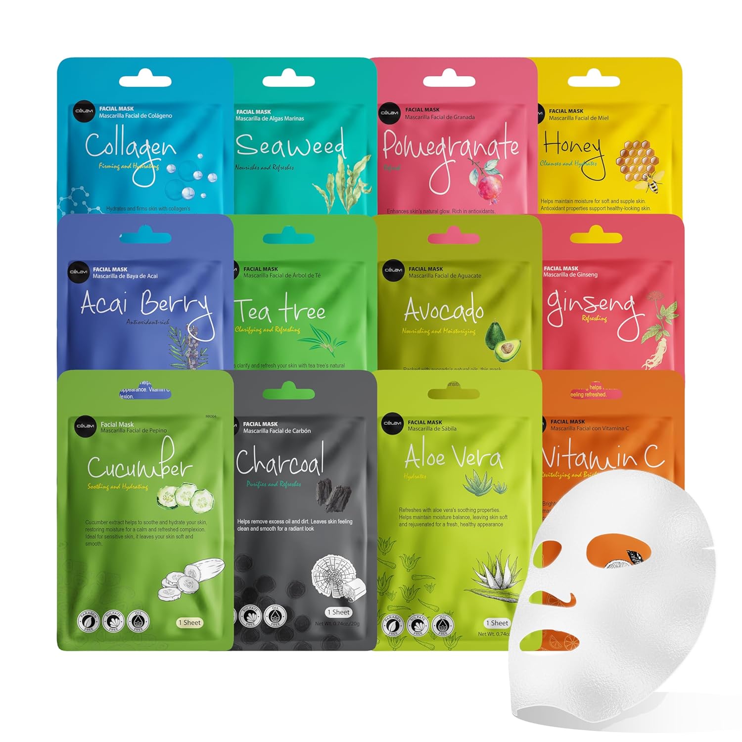 Celavi Korean Essence Facial Sheet Mask Variety Set – 12-Pack Hydrating & Nourishing Skincare for Radiant, Healthy Skin