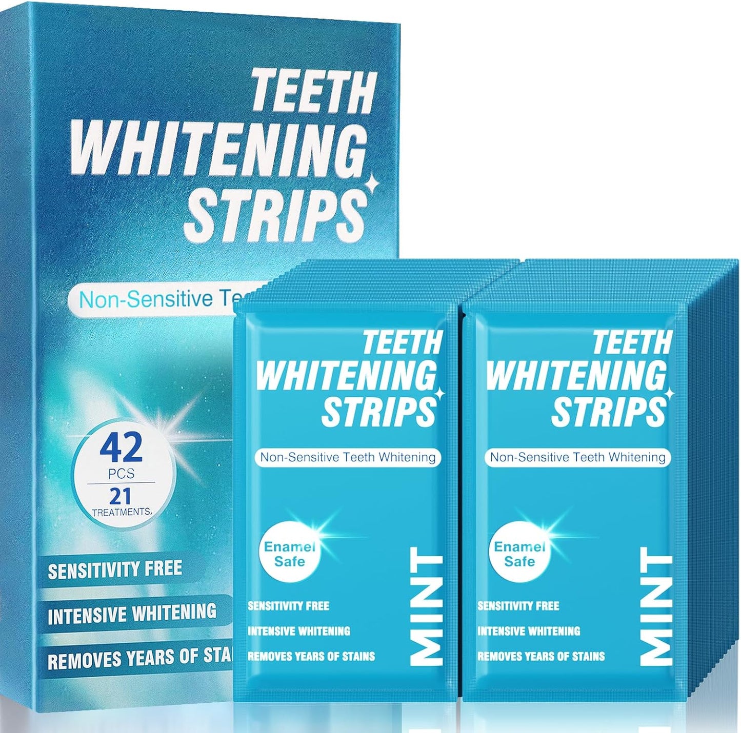 Teeth Whitening Strips for Sensitive Teeth – 42 Strips Enamel-Safe, Non-Slip Mint Strips with Fast 30-Min Results (21 Treatments)
