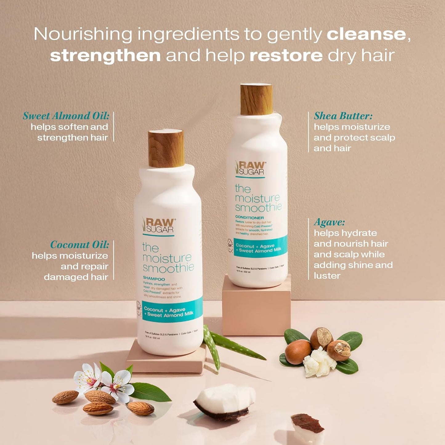 Raw Sugar Moisture Smoothie Shampoo & Conditioner Set – Hydrating Coconut Oil, Agave & Almond Milk for Dry, Frizz-Prone Hair – Sulfate & Paraben Free