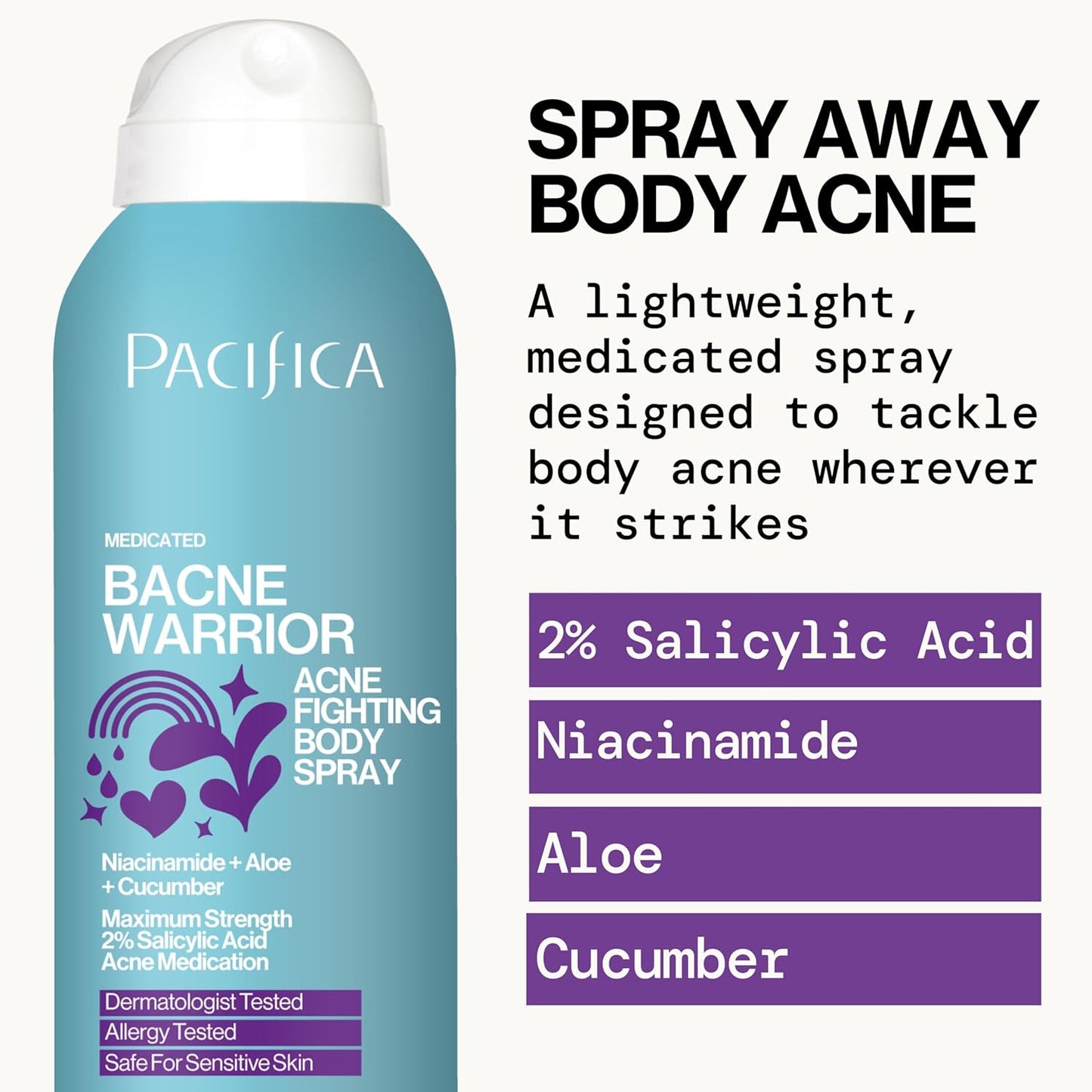 Pacifica Bacne Acne Cleanser Spray – 2% Salicylic Acid Body Mist for Back, Chest & Body Acne | Niacinamide & Aloe | Vegan & Dermatologist Tested – 6oz
