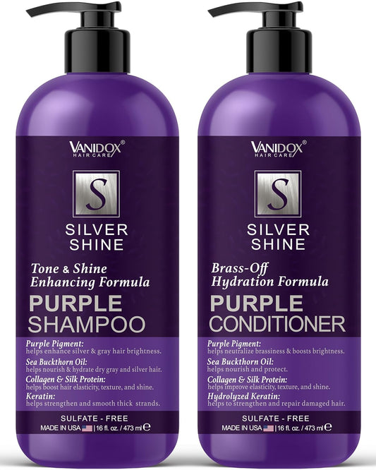 VANIDOX Purple Shampoo & Conditioner Set | Sulfate-Free Brass Toning for Grey & Silver Hair | Moisturizing, Shine-Boosting & Color-Safe (16 fl oz x 2)