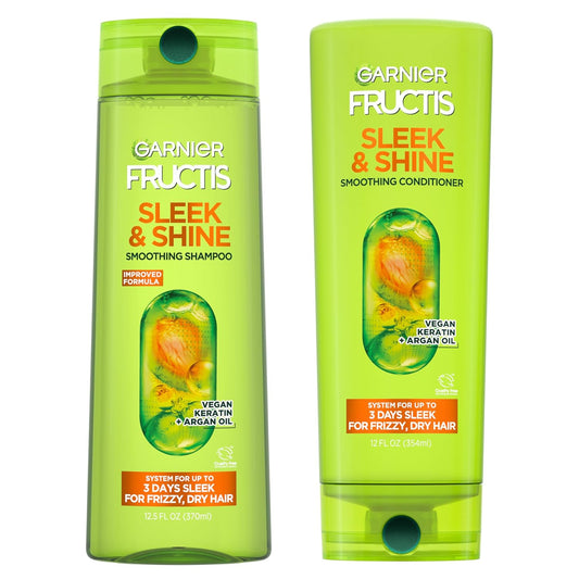 Garnier Fructis Sleek & Shine Shampoo & Conditioner Set – 72H Frizz Control with Argan Oil & Plant Keratin (2 Items, 22oz + 21oz)