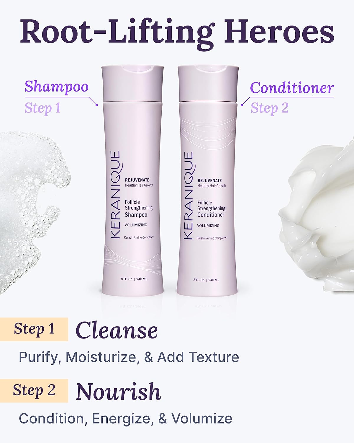 Keranique Volumizing Shampoo & Conditioner Set | Biotin & Keratin for Hair Repair, Growth & Thicker Fuller Hair | Sulfate-Free Formula for Thinning Hair | 8 fl oz Each