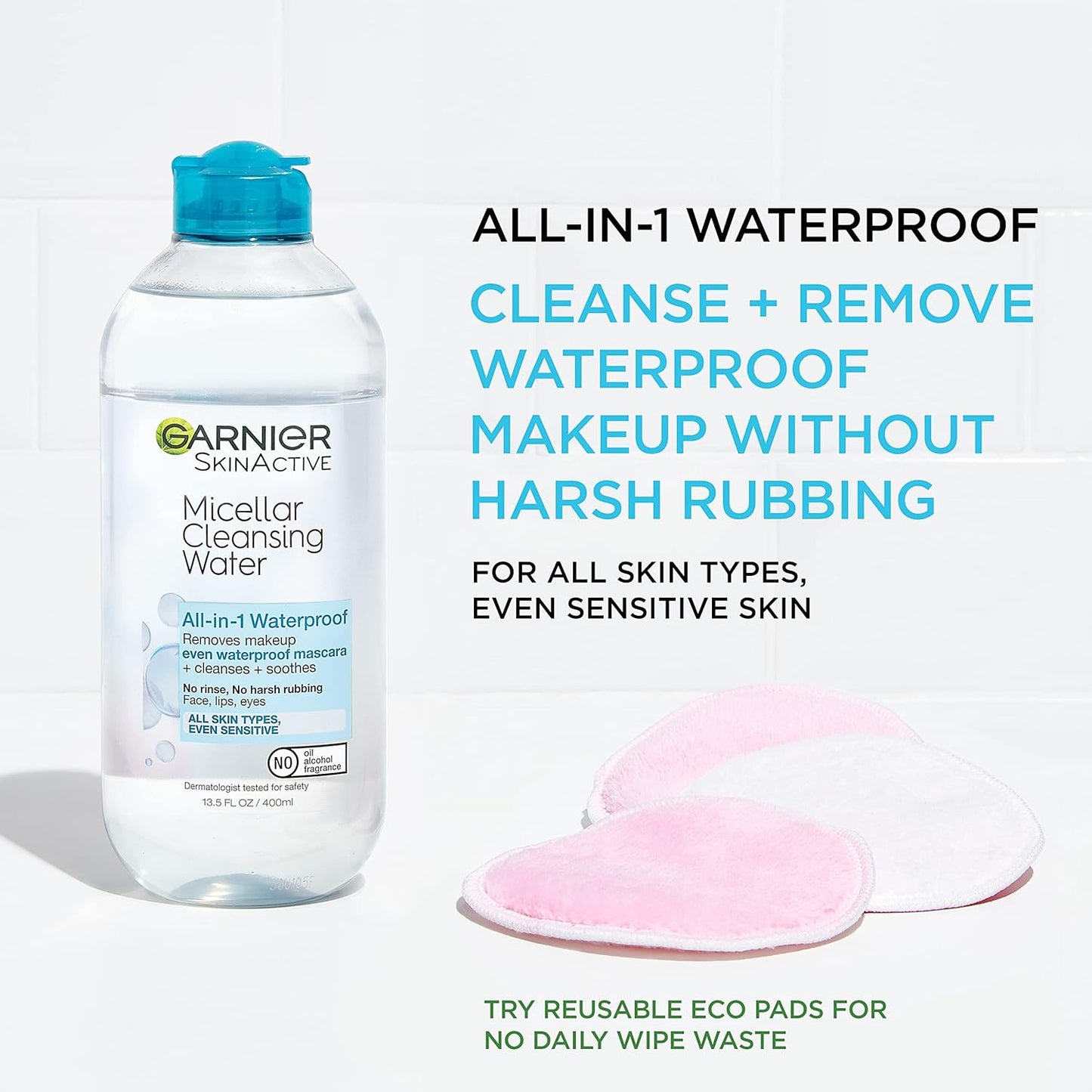 Garnier Micellar Water for Waterproof Makeup – Gentle Hydrating Cleanser & Makeup Remover, Suitable for Sensitive Skin, Vegan & Cruelty-Free (13.5 fl oz, 2 Pack)