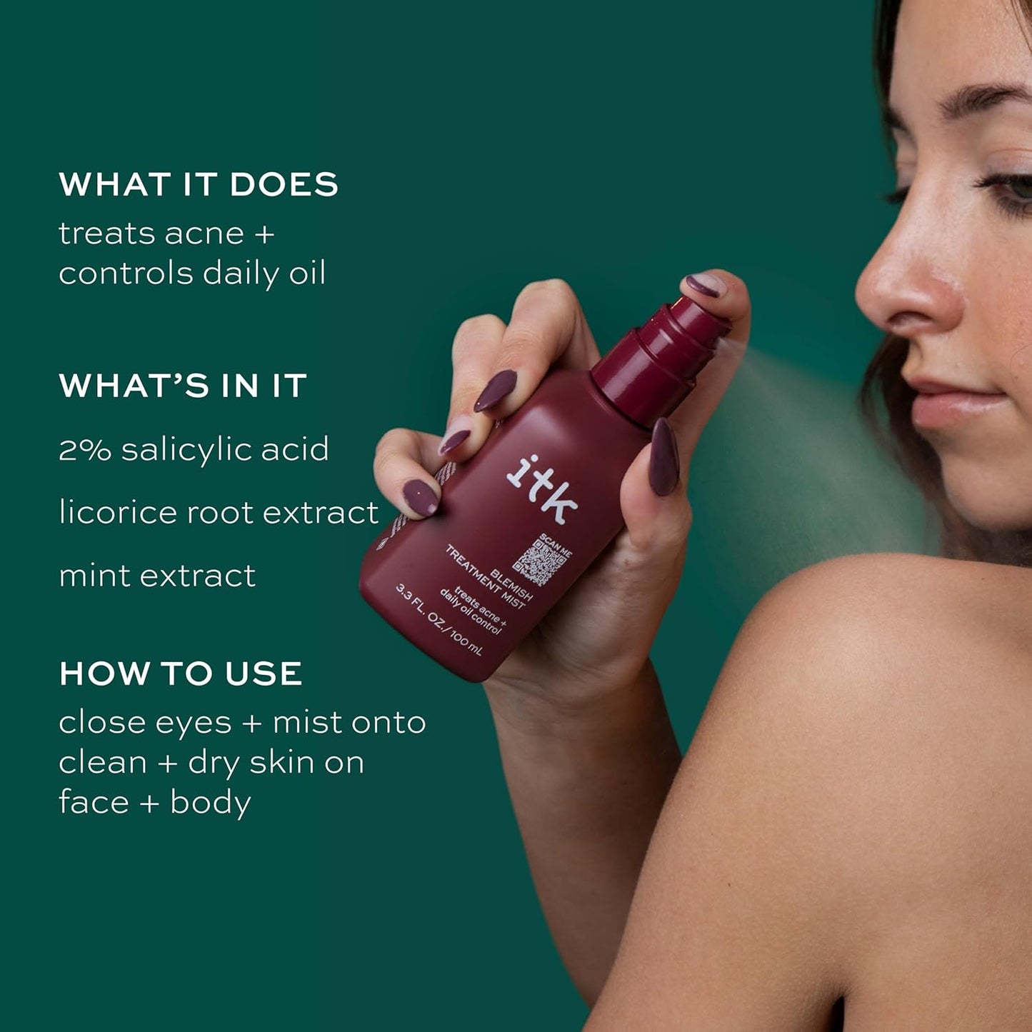 ITK 2% Salicylic Acid Acne Spray – Face & Body Treatment Mist for Bacne, Blackheads & Blemishes – Post-Workout BHA Skincare, 3.3oz