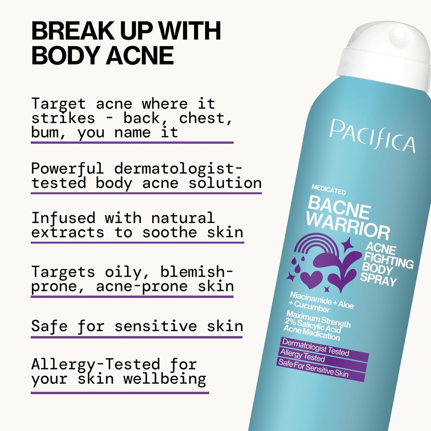 Pacifica Bacne Acne Cleanser Spray – 2% Salicylic Acid Body Mist for Back, Chest & Body Acne | Niacinamide & Aloe | Vegan & Dermatologist Tested – 6oz