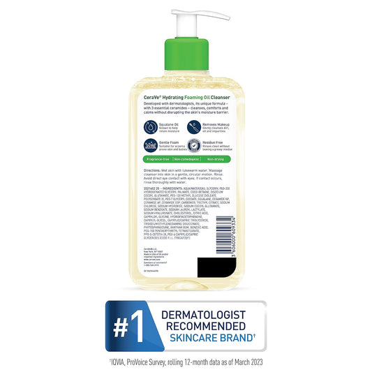Limpiador en aceite espumoso hidratante CeraVe | Gel de ducha facial y corporal con escualano, ácido hialurónico y ceramidas para piel seca a muy seca, sin fragancia, 236 ml