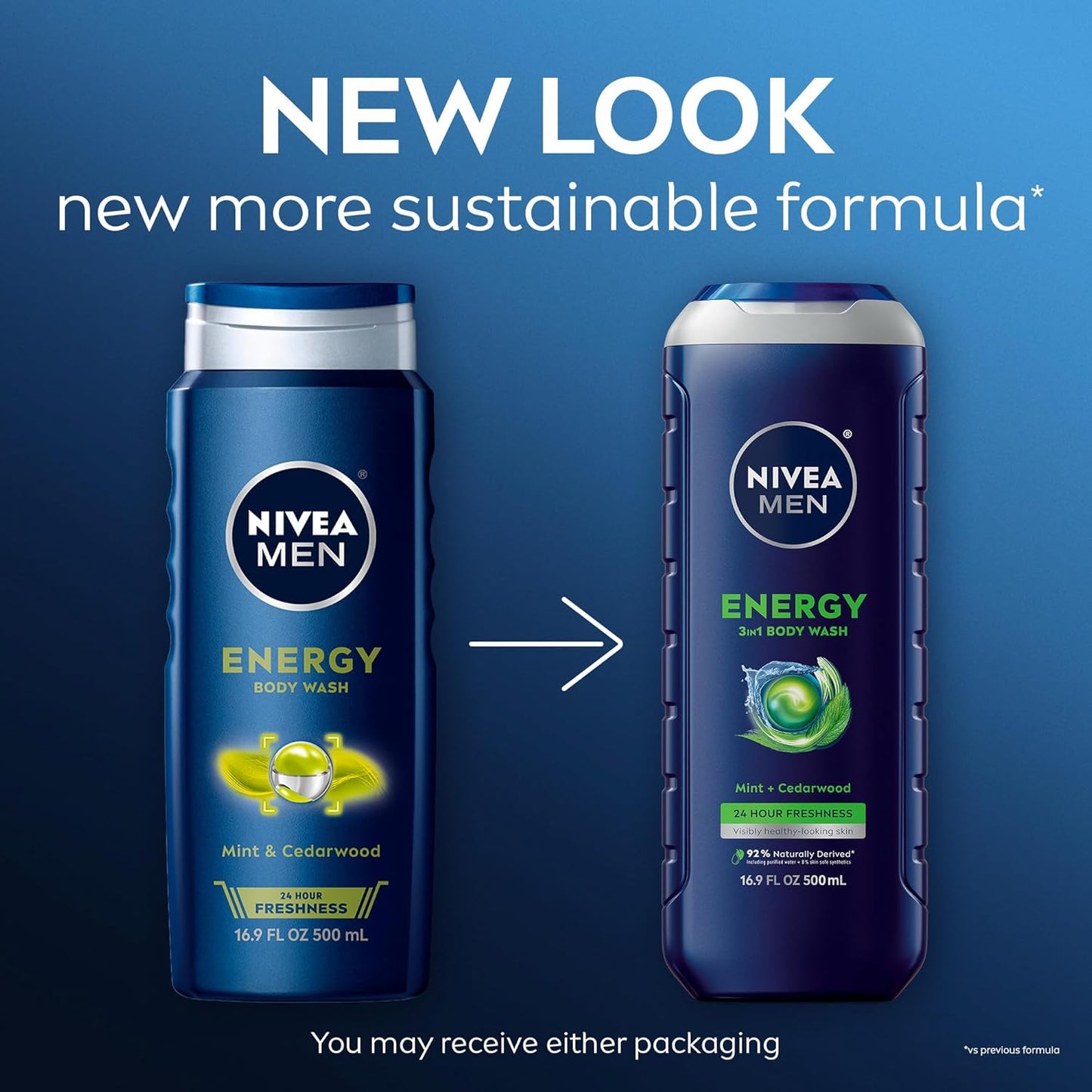 NIVEA Men Energy Body Wash with Mint & Cedarwood – 3-in-1 Face, Hair & Body Cleanser, Long-Lasting Freshness, Pack of 3 (16.9 fl oz Each)