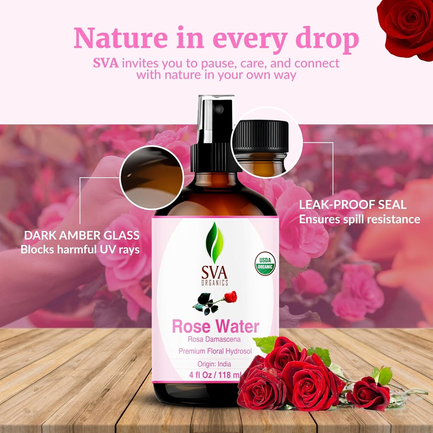SVA Organics Rose Water Spray 4oz – Hydrating & Refreshing Rose Mist for Skin, Hair & Aromatherapy | 100% Natural & Preservative-Free
