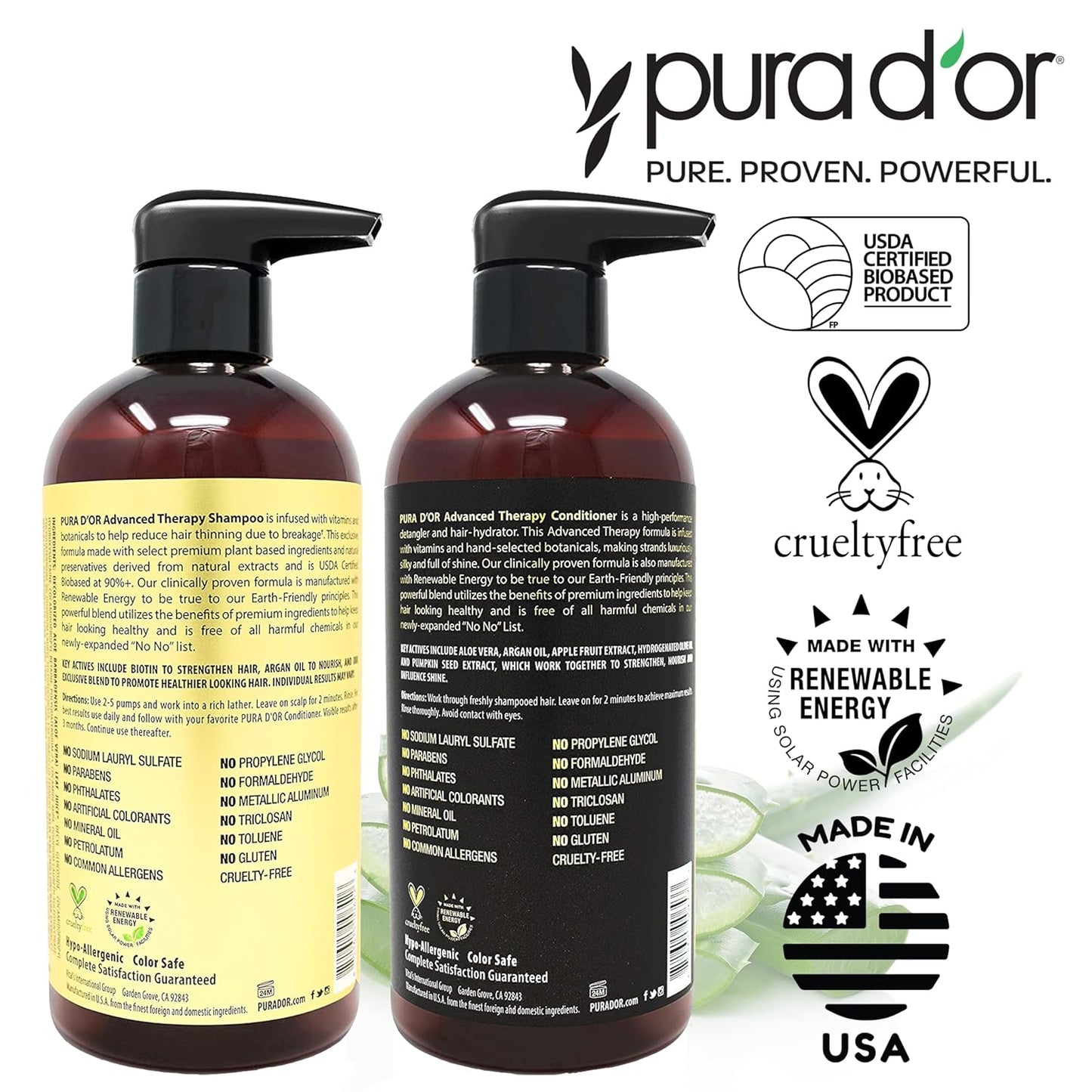 PURA D'OR Advanced Therapy Biotin Shampoo & Conditioner Set – Anti-Thinning, Volumizing & Strengthening Hair Care – 16 oz Each, 2 Pack
