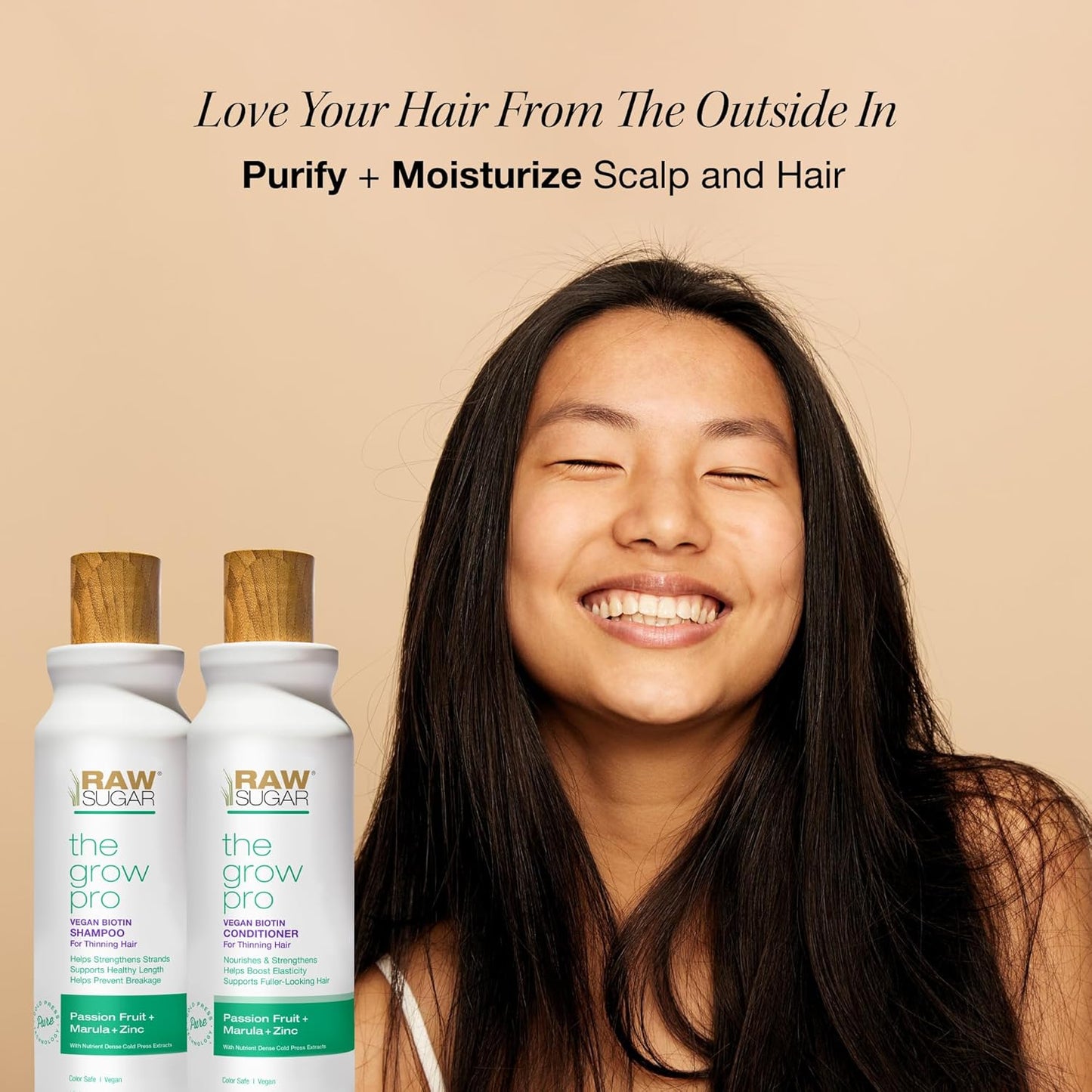 Raw Sugar Grow Pro Shampoo & Conditioner Set – Anti-Thinning, Pro-Lengthening with Vegan Biotin, Passion Fruit & Marula – Sulfate-Free, 2 Pack