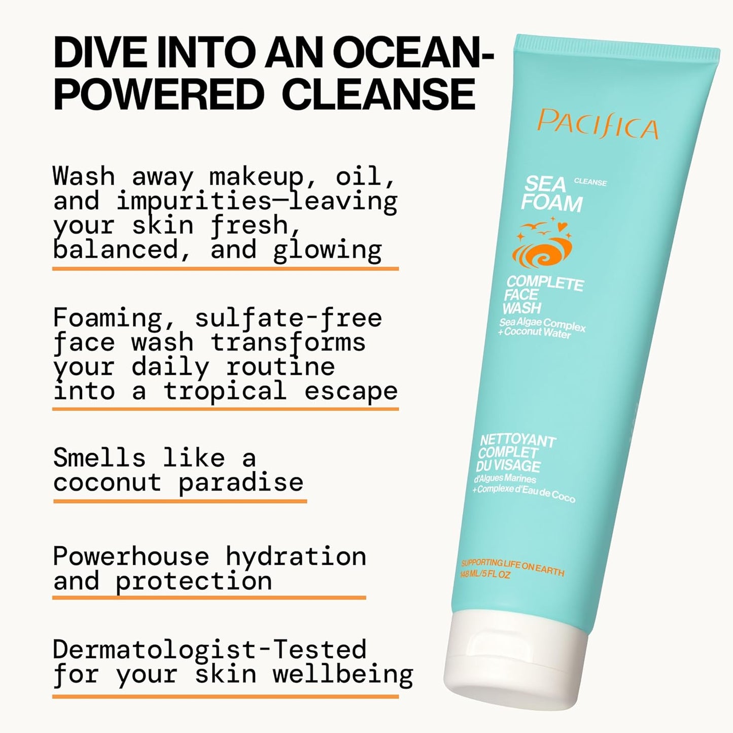 Pacifica Sea Foam Face Cleanser – Gentle Daily Wash with Coconut Water & Sea Algae for Oily & Combo Skin