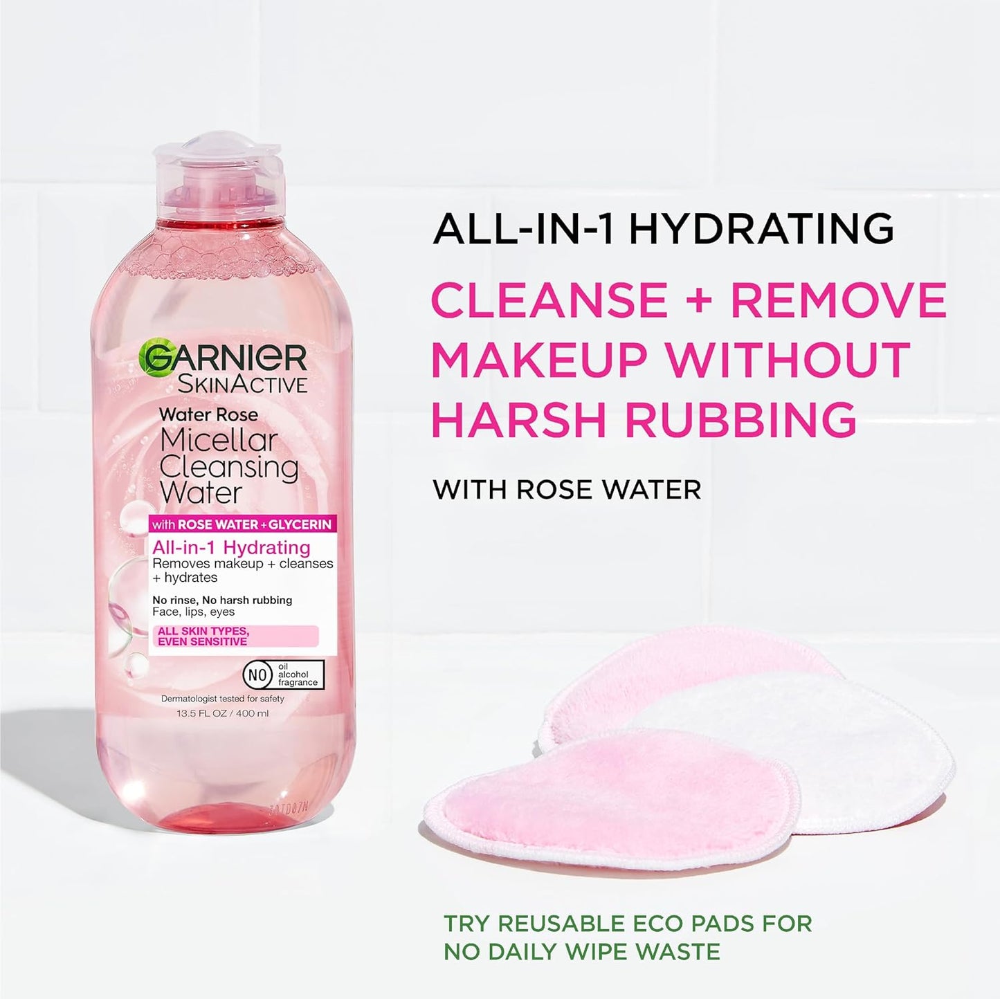 Garnier Micellar Water with Rose Water & Glycerin – Hydrating Facial Cleanser & Makeup Remover for All Skin Types, Vegan & Cruelty-Free (13.5 fl oz)