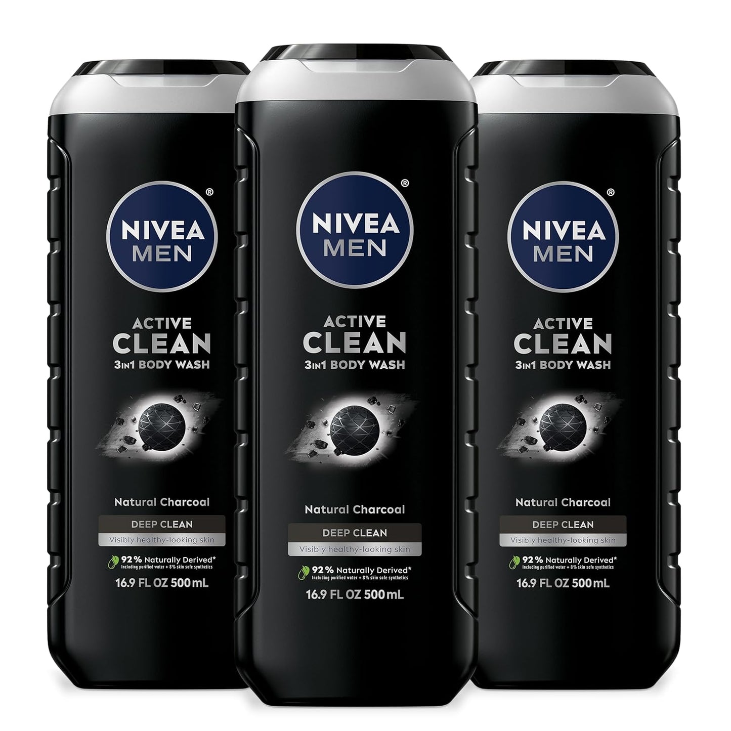 NIVEA Men Active Clean Body Wash with Natural Charcoal – 3-in-1 Face, Hair & Body Cleanser, Long-Lasting Scent, Pack of 3 (16.9 fl oz Each)