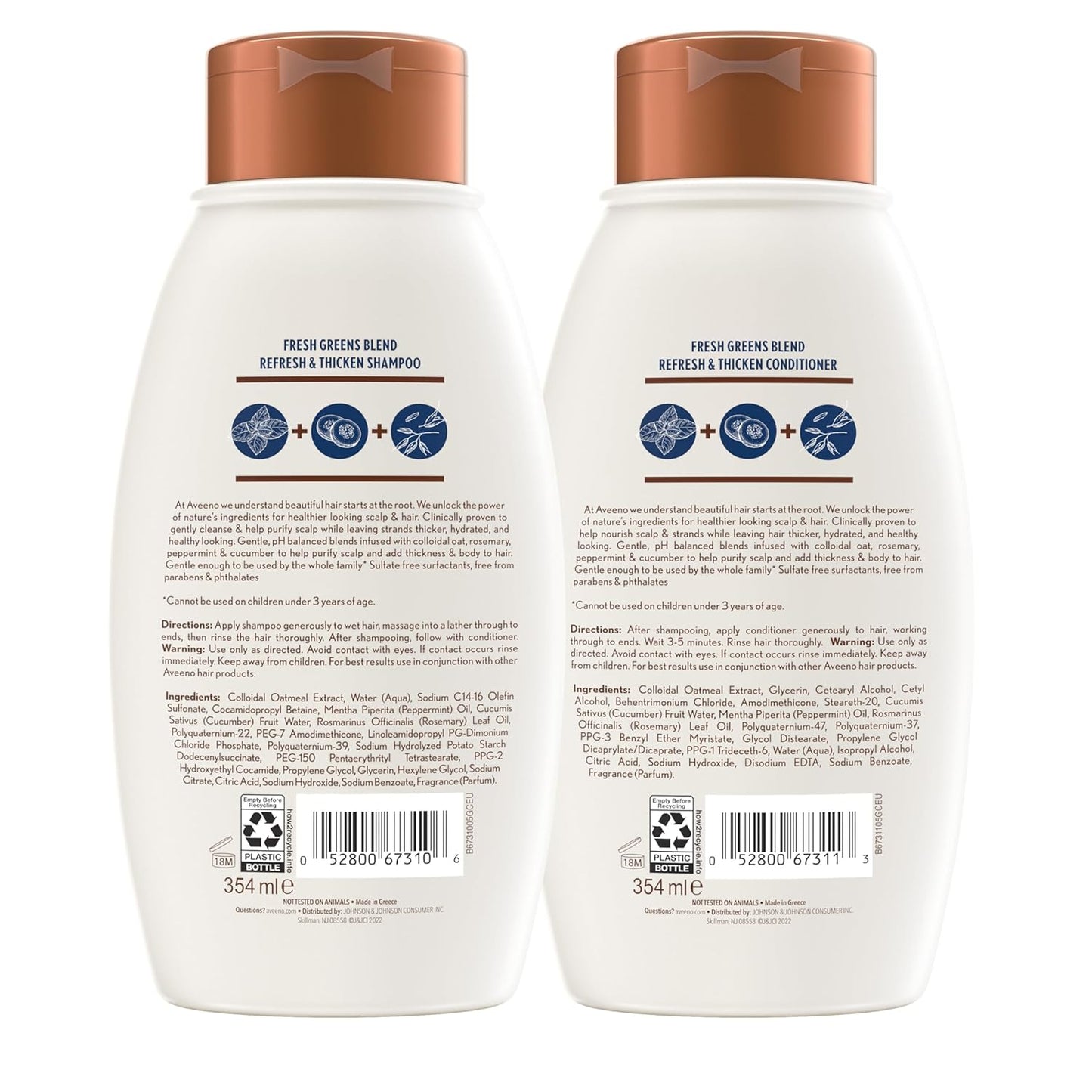 Aveeno Fresh Greens Shampoo & Conditioner Set | Sulfate-Free Clarifying & Volumizing Hair Care with Rosemary, Peppermint & Cucumber, Color-Safe (12 fl oz, 2-Pack)
