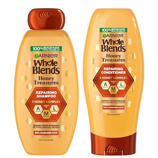 Garnier Whole Blends Honey Treasures Shampoo & Conditioner Set – Repairing Formula with Honey, Propolis & Royal Jelly for Dry, Damaged Hair, 22 fl oz x 2