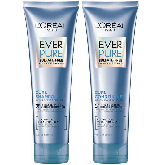 L'Oreal Paris EverPure Sulfate-Free Shampoo & Conditioner Set for Curly Hair with Coconut Oil – Anti-Frizz, Lightweight Hydration, Color-Safe, 8.5 fl oz Each