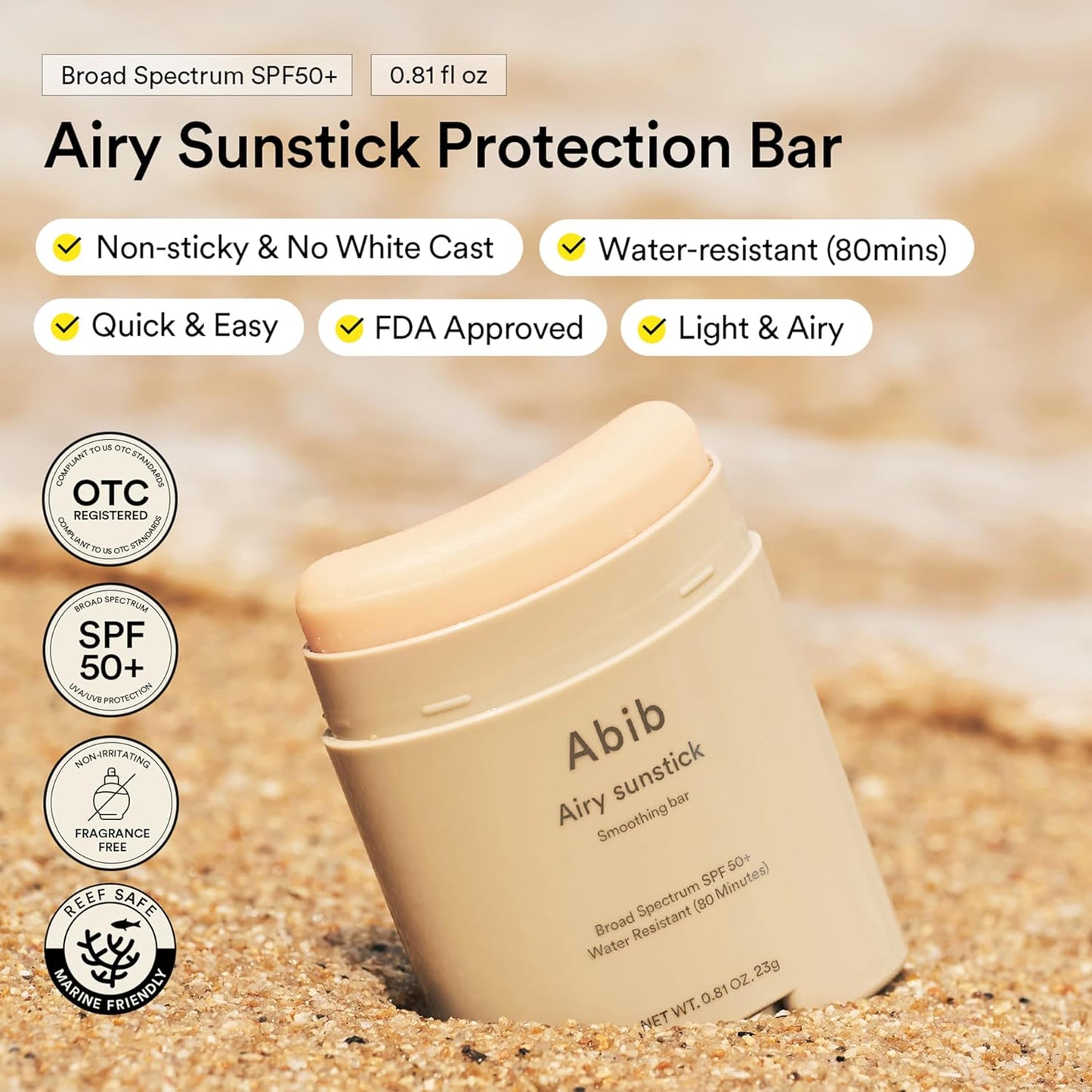 Abib Airy Sunstick SPF50+ – Korean Semi-Matte Sunscreen Stick, Broad Spectrum, Water-Resistant, Oil-Control & Non-Sticky Sunblock (0.81 oz)