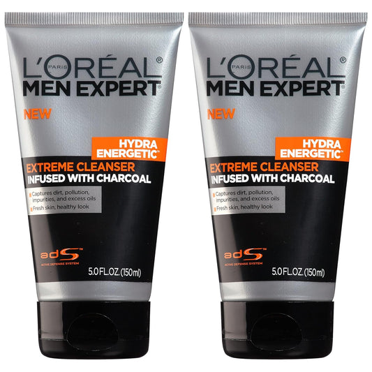 L'Oreal Paris Men Expert Hydra Energetic Face Wash with Charcoal – Daily Facial Cleanser for Men, Removes Dirt & Oil, Fights Dullness & Clogged Pores (2 Pack)