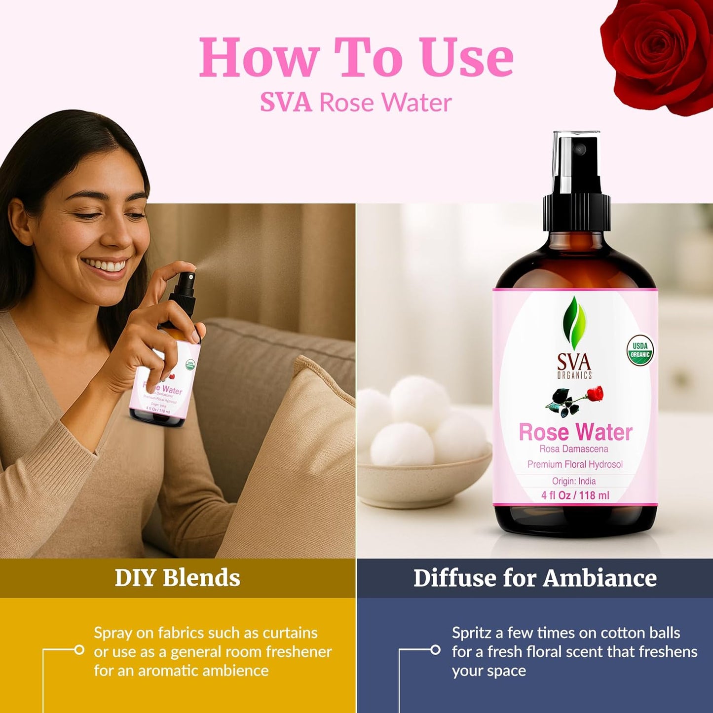 SVA Organics Rose Water Spray 4oz – Hydrating & Refreshing Rose Mist for Skin, Hair & Aromatherapy | 100% Natural & Preservative-Free
