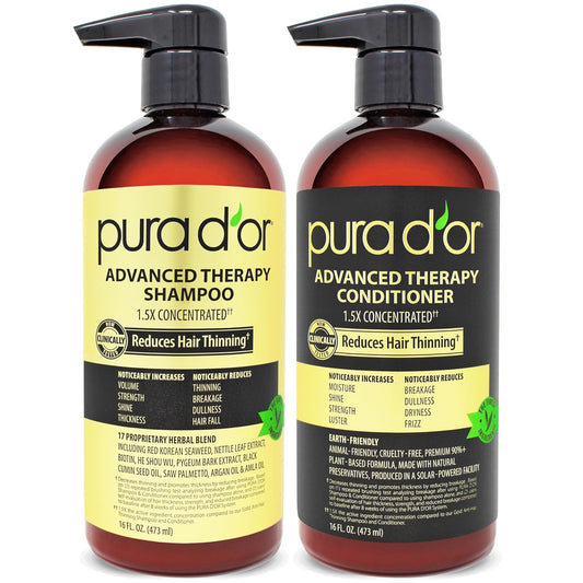 PURA D'OR Advanced Therapy Biotin Shampoo & Conditioner Set – Anti-Thinning, Volumizing & Strengthening Hair Care – 16 oz Each, 2 Pack