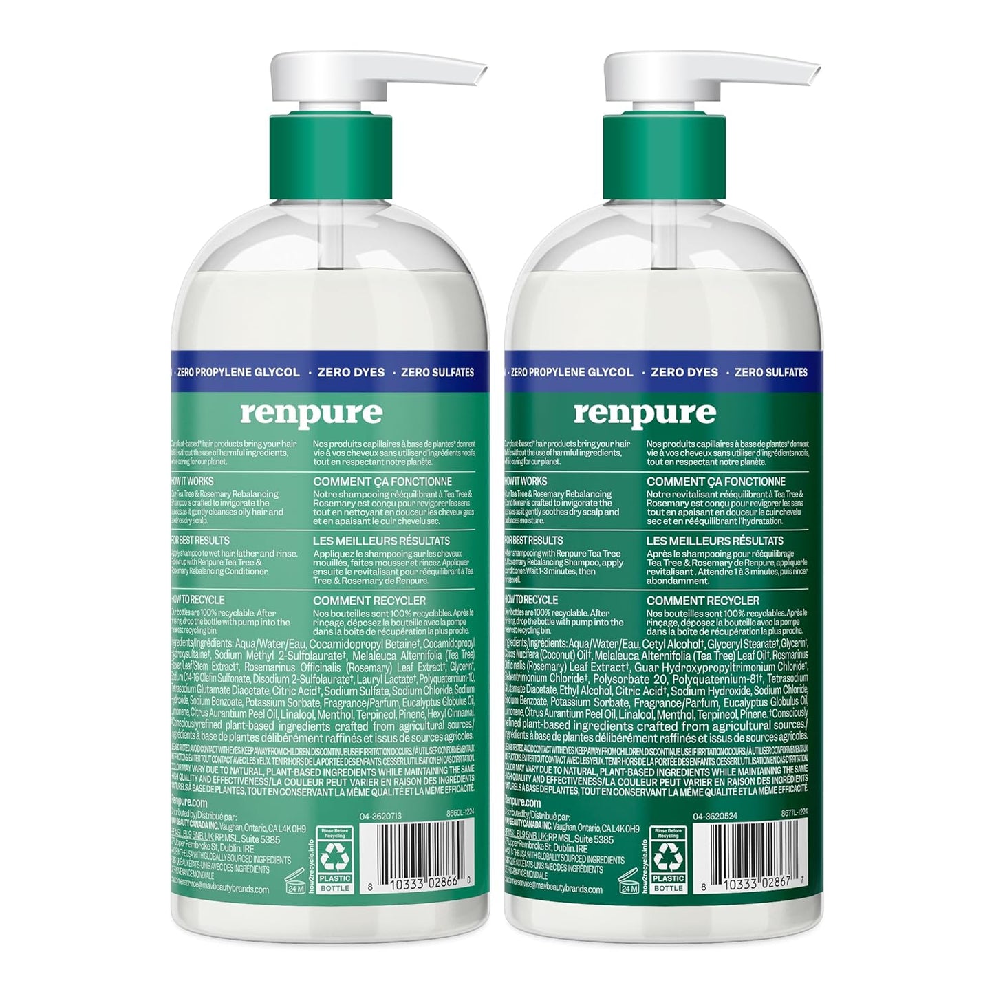 Renpure Tea Tree & Rosemary Shampoo & Conditioner Set – Plant-Based Hydrating Hair Care Duo for Oily & Normal Hair, Scalp Refresh & Balance – 24 fl oz Each, 2 Pack