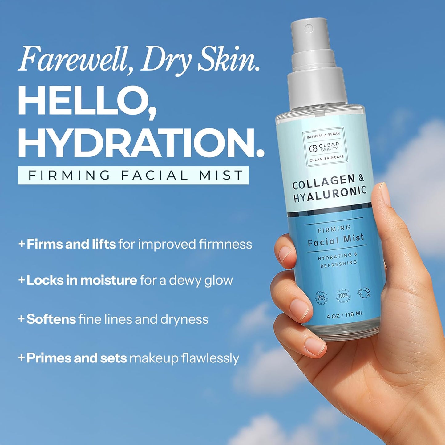 Clear Beauty Hyaluronic Acid & Collagen Face Mist – Hydrating, Anti-Aging & Toning Spray – Natural, Cruelty-Free, Dermatologist Tested, 4 fl oz