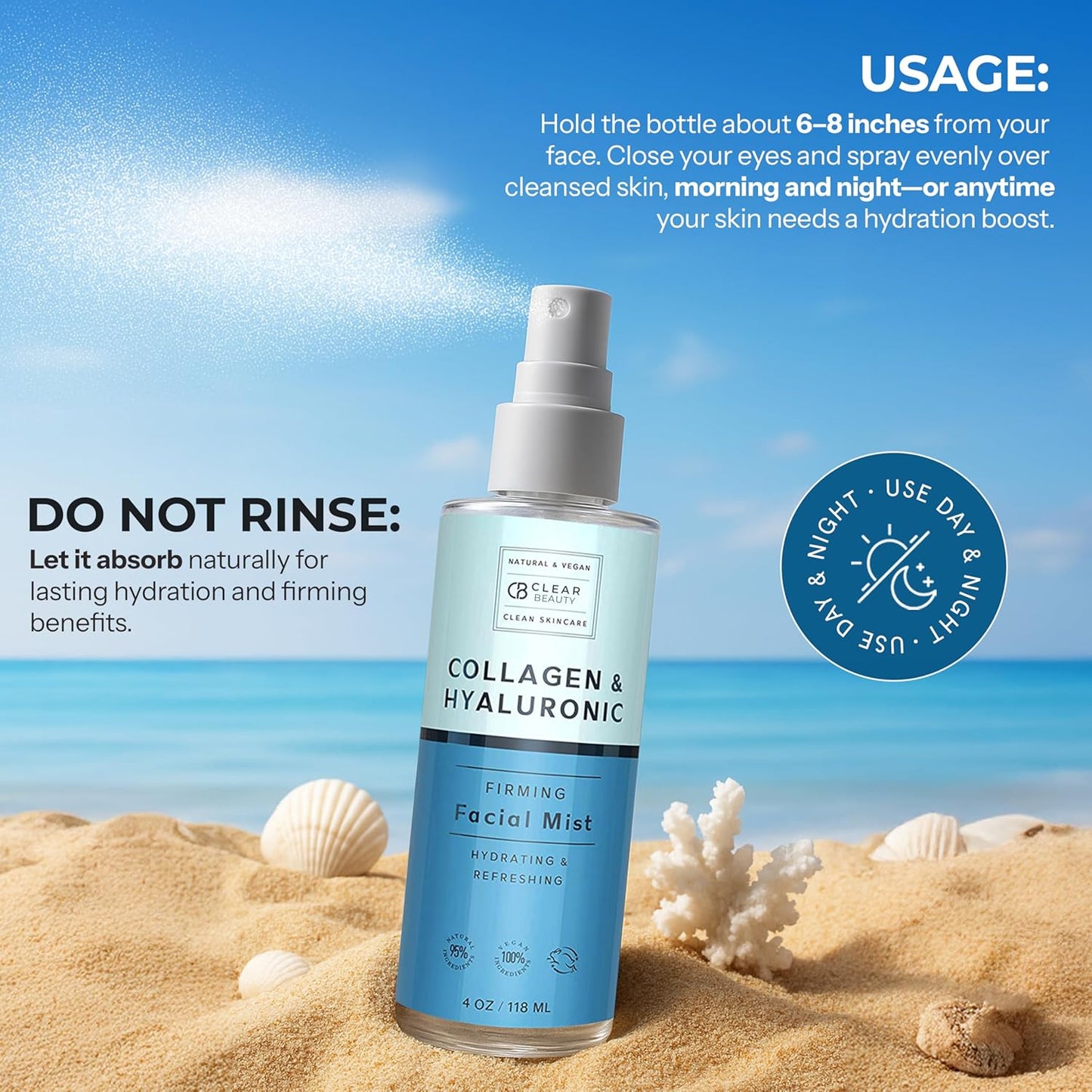 Clear Beauty Hyaluronic Acid & Collagen Face Mist – Hydrating, Anti-Aging & Toning Spray – Natural, Cruelty-Free, Dermatologist Tested, 4 fl oz
