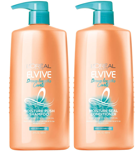 L'Oreal Paris Elvive Dream Lengths Curls Shampoo & Conditioner Set – Hyaluronic Acid & Castor Oil for Hydrated, Defined, Frizz-Free Curls – Paraben-Free, 2PK