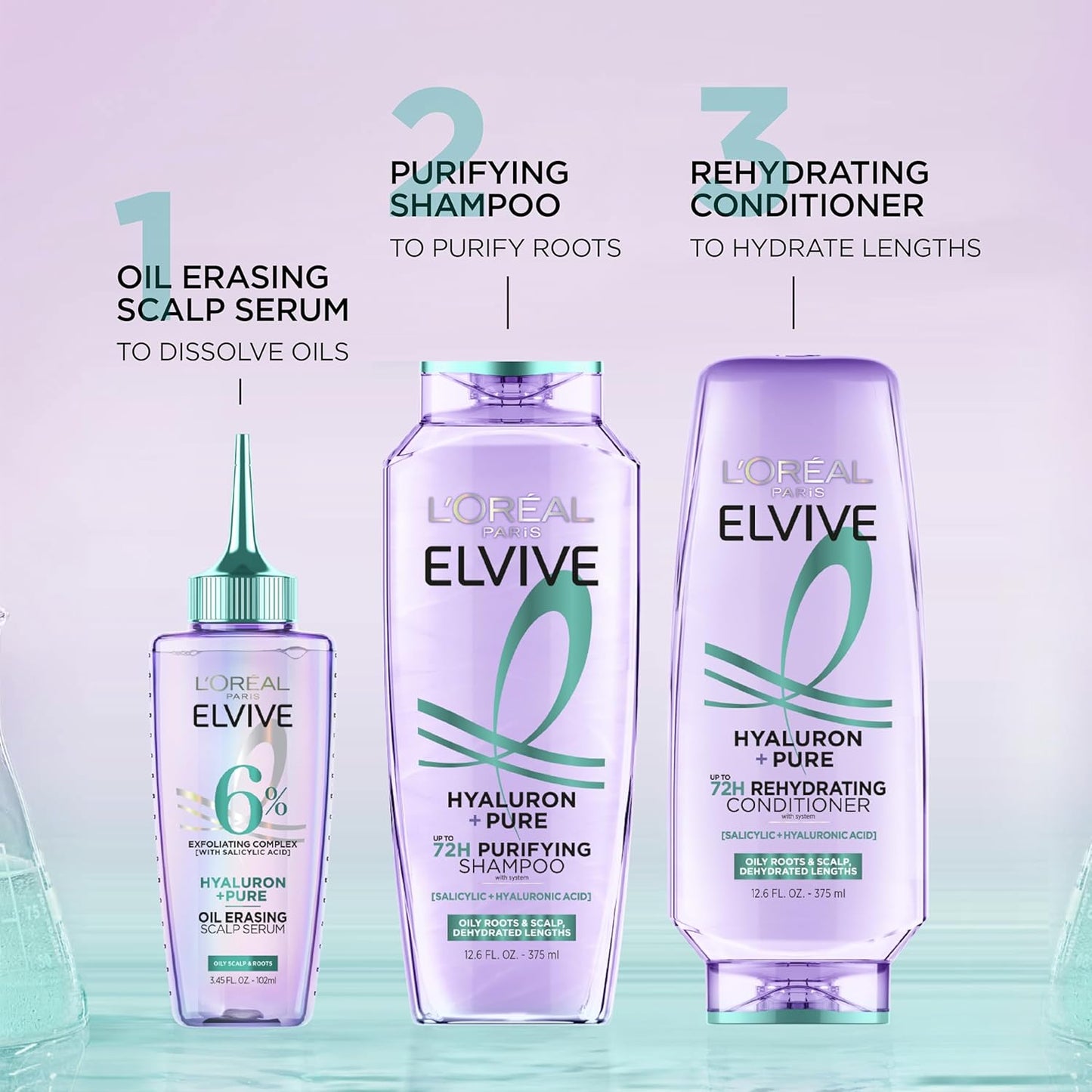 L'Oreal Paris Elvive Hyaluron + Pure Shampoo & Conditioner Set | Clarifying & Hydrating Care with Salicylic Acid & Hyaluronic Acid | For Oily Hair | 1 Kit
