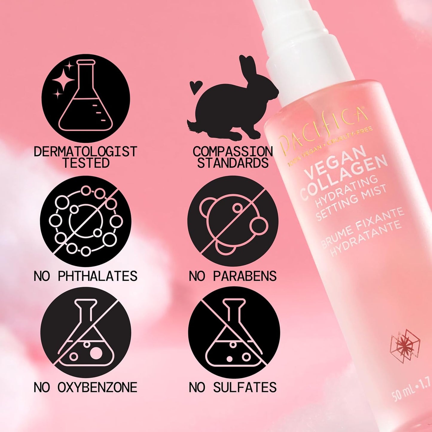 Pacifica Vegan Collagen Hydrating Setting Mist – Dewy Illuminating Face Primer & Makeup Base with Squalane & Ceramides (1.7oz)