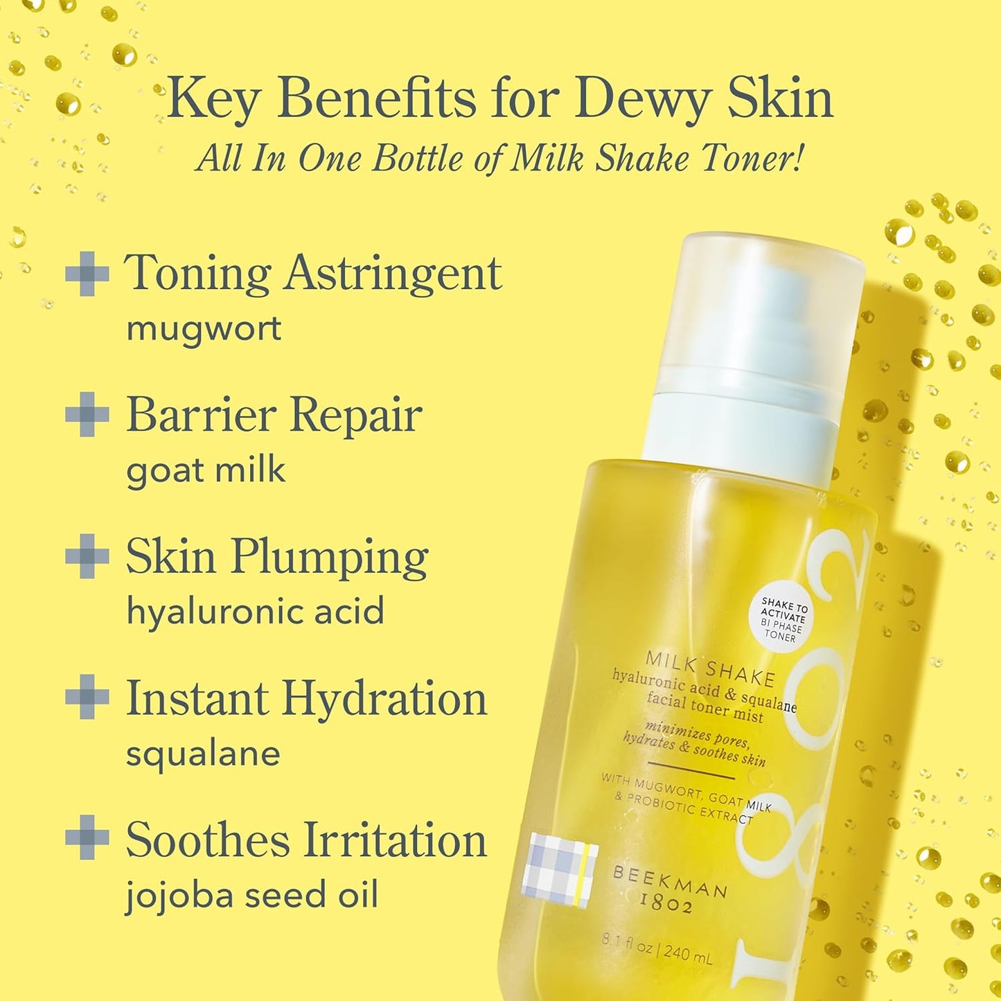 Beekman 1802 Milk Shake Hydrating Face Mist – Hyaluronic Acid & Squalane Toner Spray with Goat Milk for Sensitive Skin (Fragrance-Free)