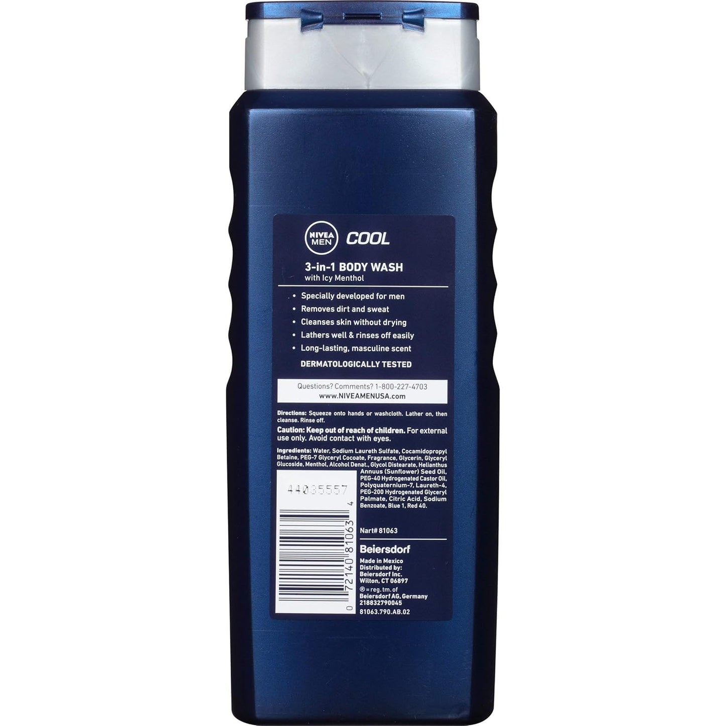 NIVEA Men Energy Body Wash with Mint & Cedarwood – 3-in-1 Face, Hair & Body Cleanser, Long-Lasting Freshness, Pack of 3 (16.9 fl oz Each)