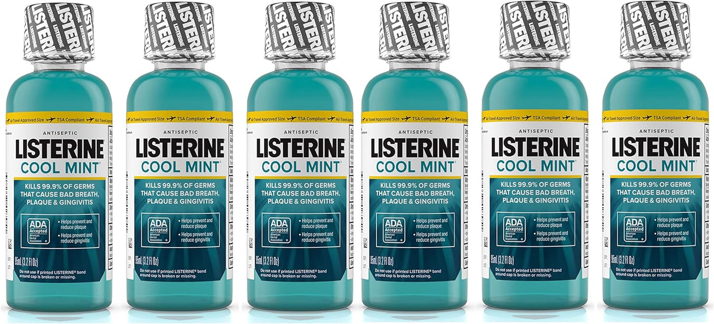 Listerine Cool Mint Antiseptic Mouthwash – Travel Size 3.2 oz (Pack of 6) – Fights Bad Breath & Germs