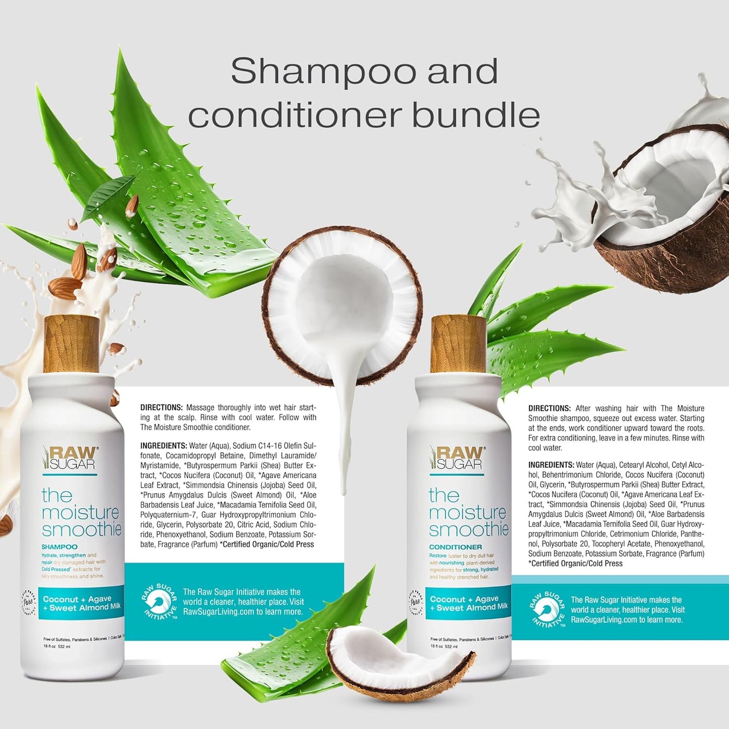 Raw Sugar Moisture Smoothie Shampoo & Conditioner Set – Hydrating Coconut Oil, Agave & Almond Milk for Dry, Frizz-Prone Hair – Sulfate & Paraben Free