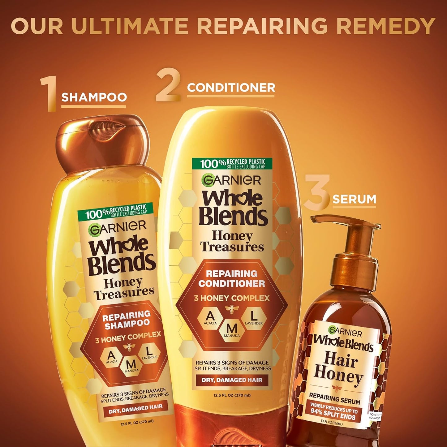 Garnier Whole Blends Honey Treasures Shampoo & Conditioner Set – Repairing Formula with Honey, Propolis & Royal Jelly for Dry, Damaged Hair, 22 fl oz x 2